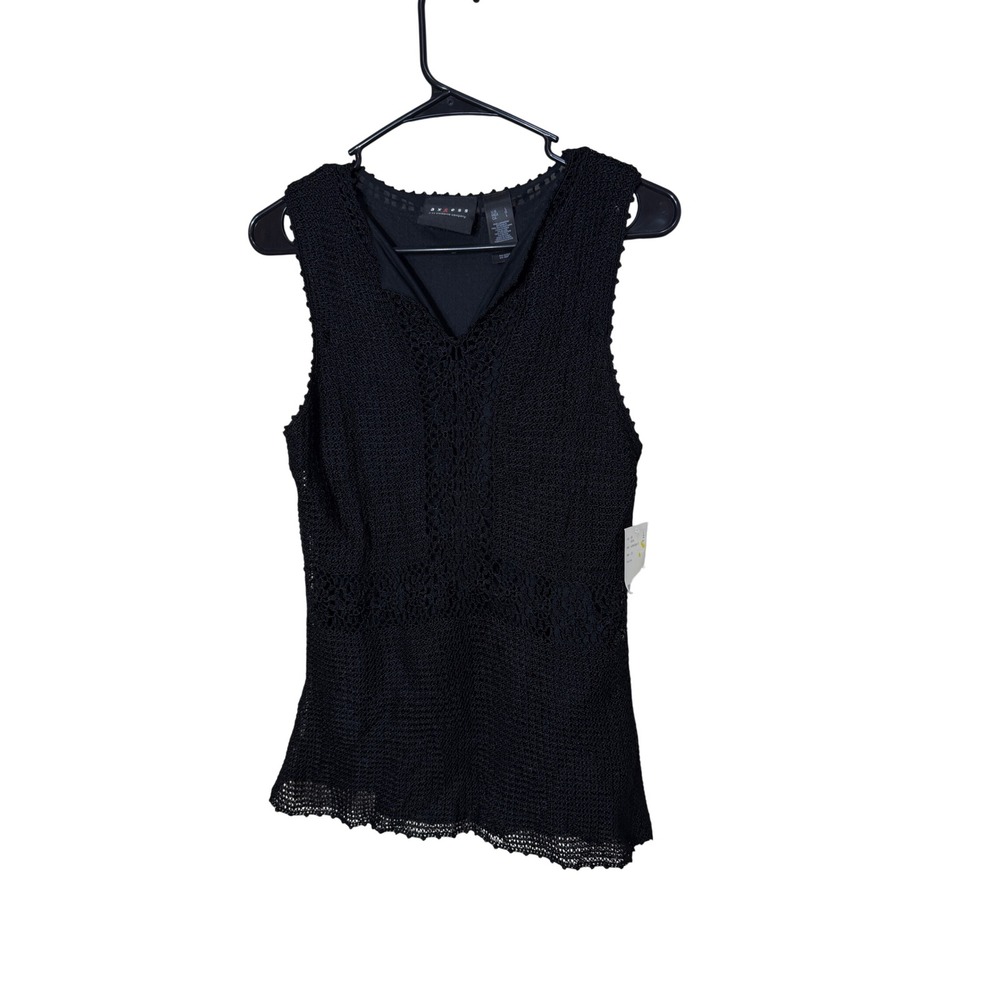 Axcess Liz Claiborne Onyx Black Crochet Floral Knit V-Neck Tank Top L NEW